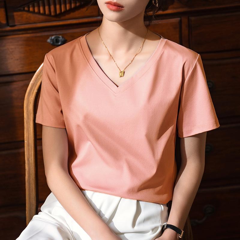 80 Двусторонняя футболка из мерсеризованного хлопка с короткими рукавами для женщин, новая женская футболка из чистого хлопка с V-образным вырезом, закрывающая живот