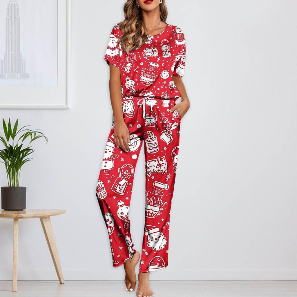 Женский шелковый атласный пижамный комплект с рождественским принтом, рубашка с коротким рукавом и длинные пижамные штаны, мягкая домашняя одежда