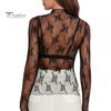 Женские топы с воротником-стойкой, длинными рукавами, облегающие блузки, сексуальные прозрачные сетчатые рубашки с цветочной вышивкой