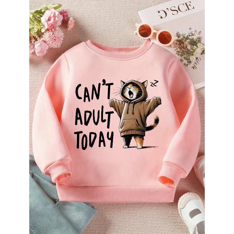 Kids Crewneck Sweatshirt, Cute Graphic of Girl and Lazy Cat in Hoodie, Soft Casual Long Sleeve Pullover