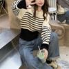 Шикарный осенне-зимний пуловер с круглым вырезом, толстый женский трикотаж, универсальный, свободный, полосатый свитер с длинным рукавом для женщин