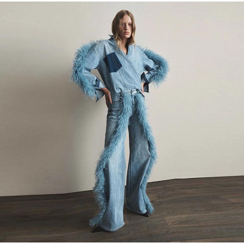 Feather Spliced Washed Jeans Women Baggy Wide Leg Denim Pants Y2K High Waist Fashion Streetwear 2025 Spring Straight Jean Trousers