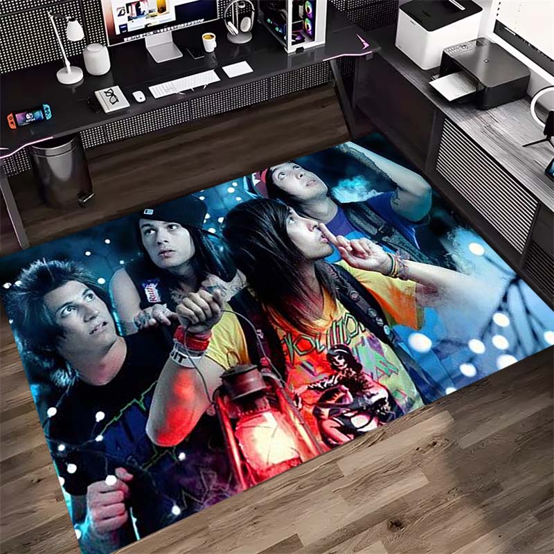 Rock Band Night Scene Group Photo Print Area Rug Music Fan Non‑Slip Rectangular Floor Mat Punk Art Home Decor Rug for Gaming Room Living Bedroom