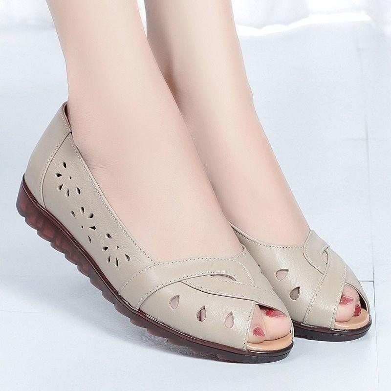 Fashion Peep Toe Summer Women Sandals 2024 Breathable Hollow Out Wedge Leather Moccasins Soft Ladies Shoes