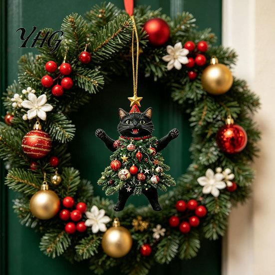 Cute Animal Tree Decor 2Pcs Christmas Cat Acrylic Ornament, 2D Flat Kitty Hanging Pendant with Indoor Holiday Ornaments Santa Hat Decor, Car Rearview