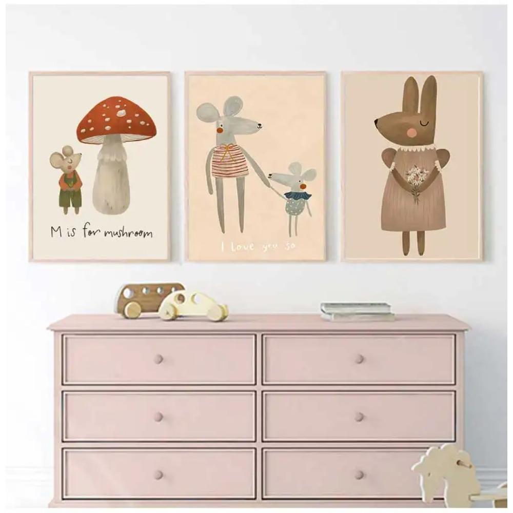 Boho Cartoon Rabbit Mouse Goose Nursery Wall Art Canvas Painting Nordic Retro Poster Prints Wall Picture Baby Kids Room Decor