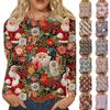 Women's Fashionable Casual Flannel Long Sleeved Christmas Printed Round Neck T-Shirt Top Flannel