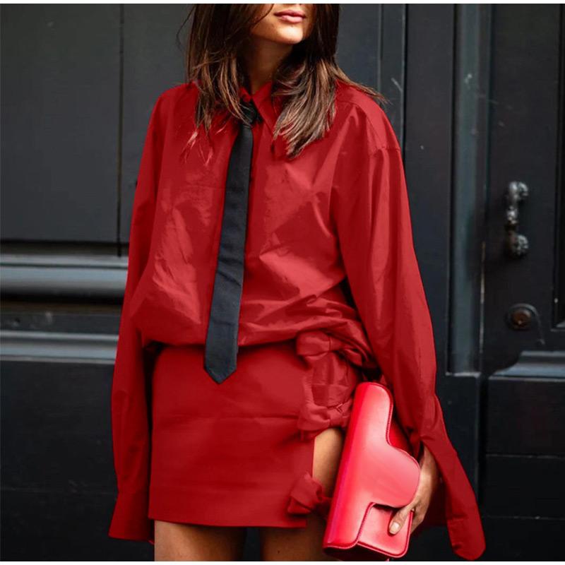 Женский комплект из 2 предметов, элегантный галстук-лацкан, свободные рубашки с длинными рукавами, высокая талия, завязка, бант, мини-юбка, женские наряды 2025 года, женская уличная одежда