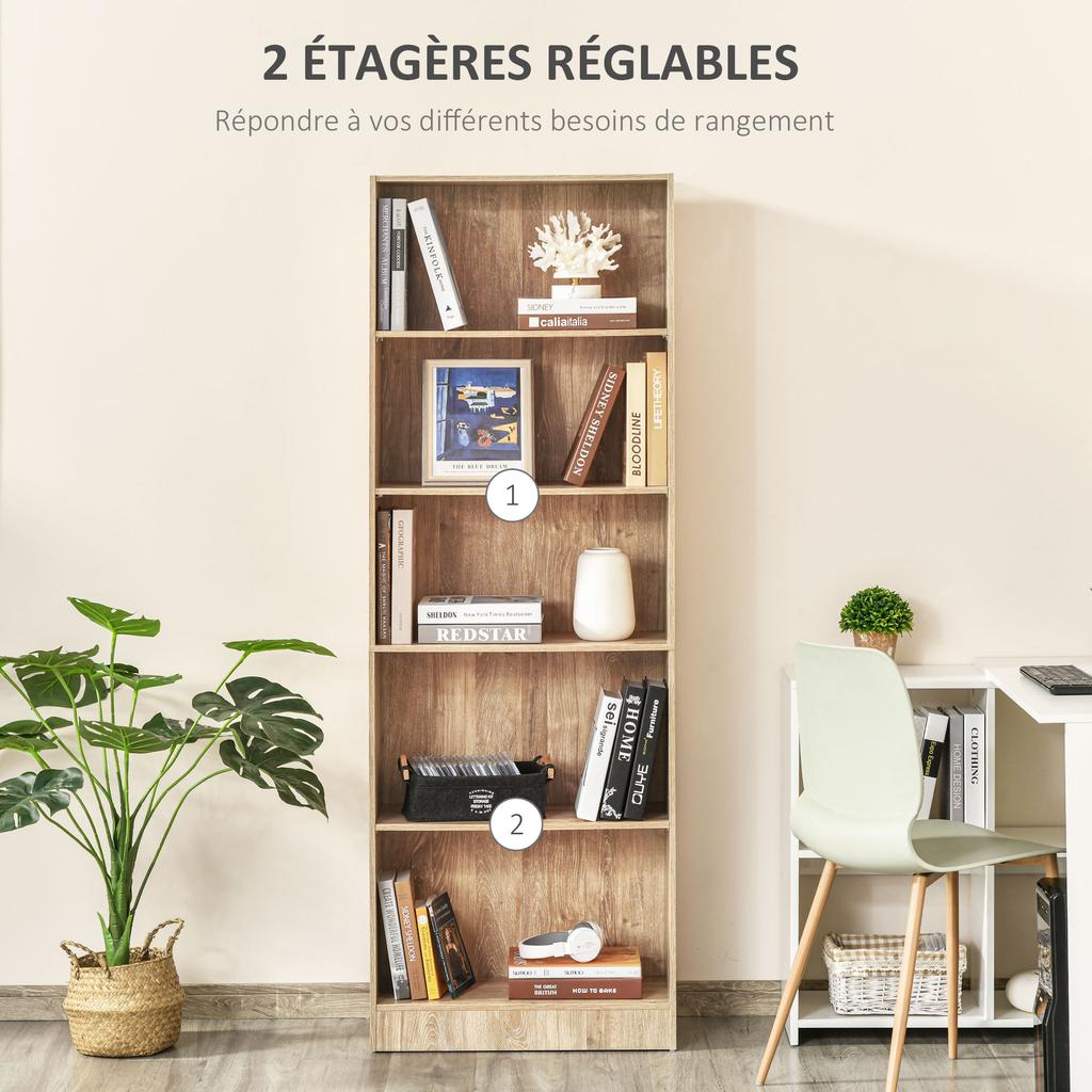 Bookshelf, 5-Tier Storage Unit, Adjustable Shelves, 63 x 29.2 x 176 cm, Natural Wood