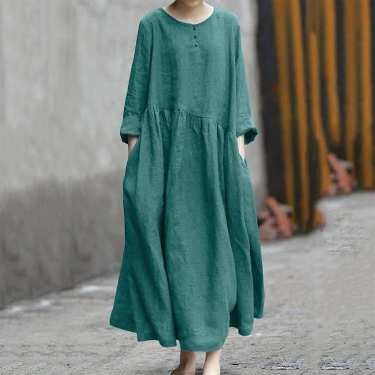 Plus Size Women Long Dress Cotton Linen Long Sleeve Round Neck Pocket Solid Color Irregular Hem Patchwork