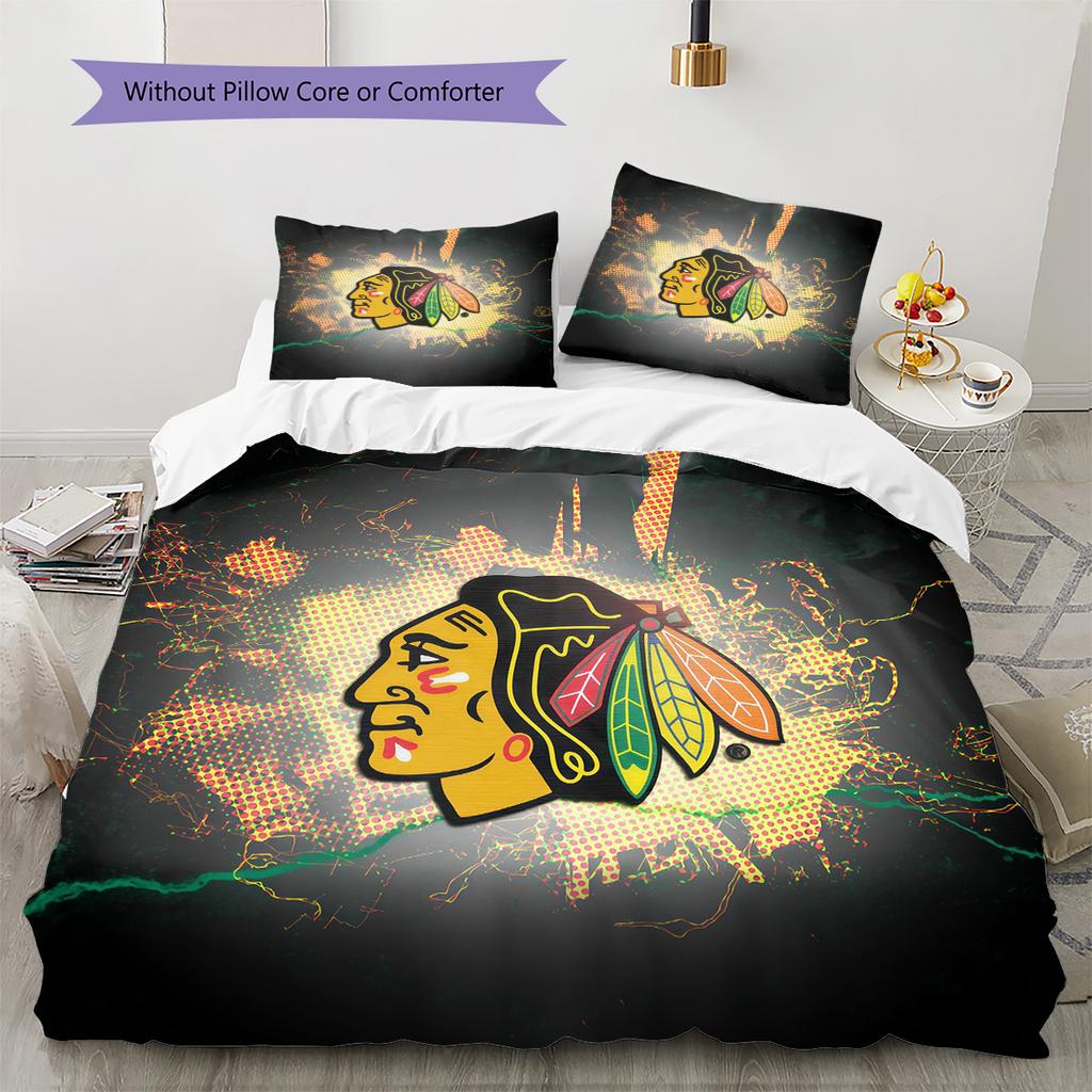 Chicago Blackhawks Pattern Bedding Quilt Set Home Decoration Gift (1 * duvet cover + 2 * pillowcase without core)