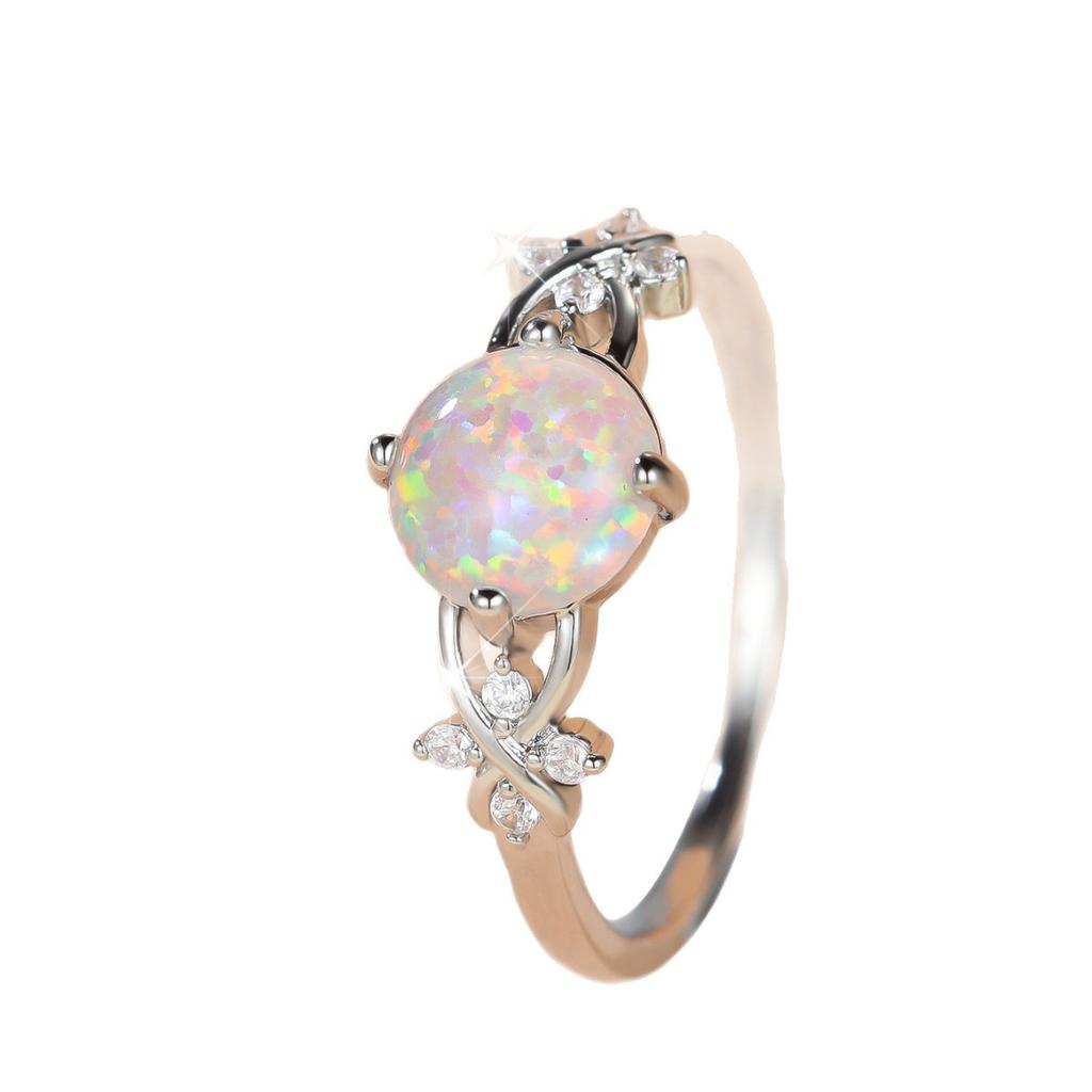 Vintage Pattern Opal Ring Round Opal Four-Prong Diamond-Set White Gold Women's Ring