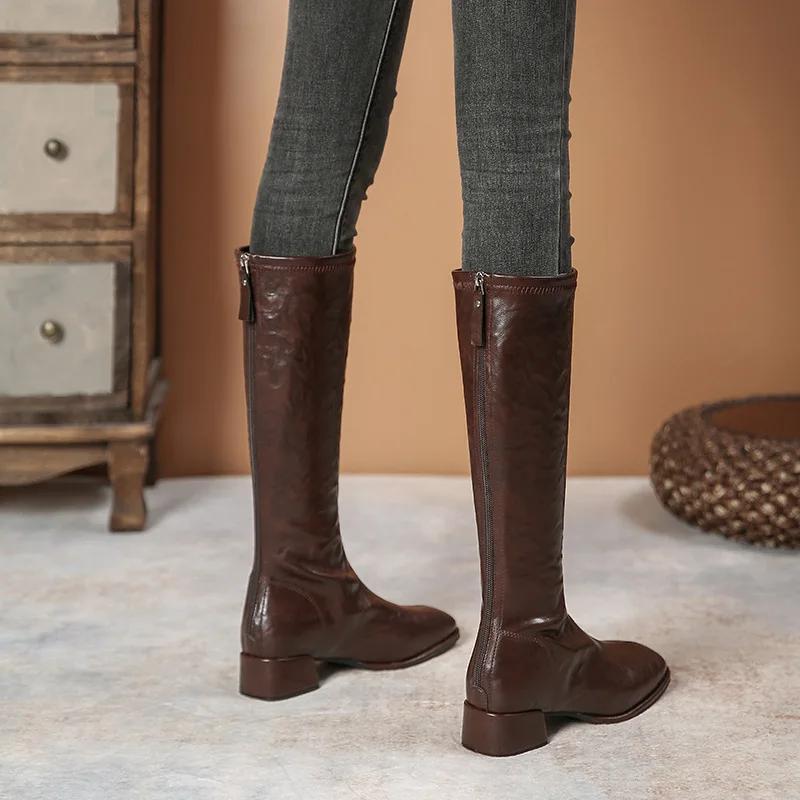 Luxury Women's Boots High Quality Square Toe Women's Ankle Boot Fashion Med-High Heels Women Shoes British Style Knee-High Boots