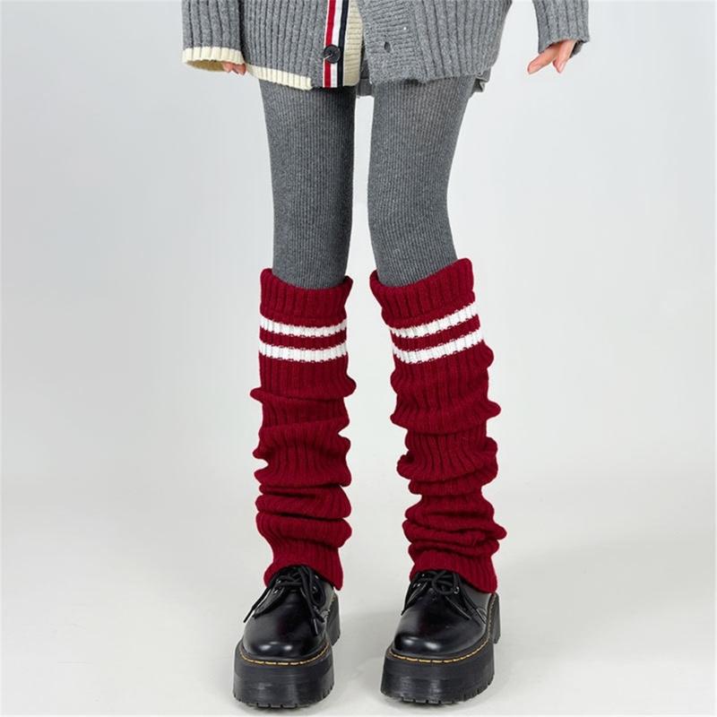 Women Thicken Ribbed Knit Leg Warmer Preppy Style Double Striped Leg Covers Snow Boot Cuffs Over Knee Stacked Long Socks
