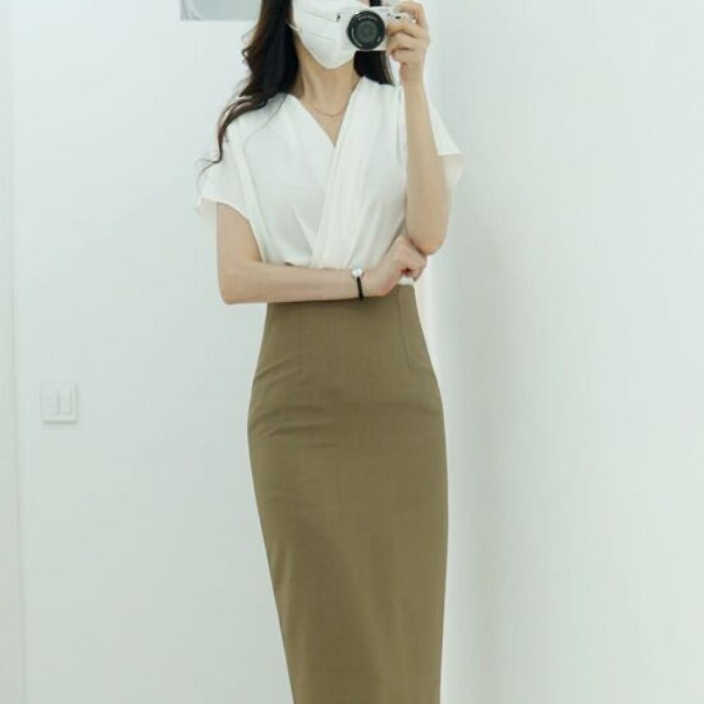 Style Latte Women V Neck Wrap Shirring Draped Chiffon Blouse