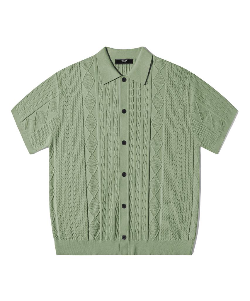 TRILLION Washable Cable Half Sleeve Button-Up Knit (Light Green)