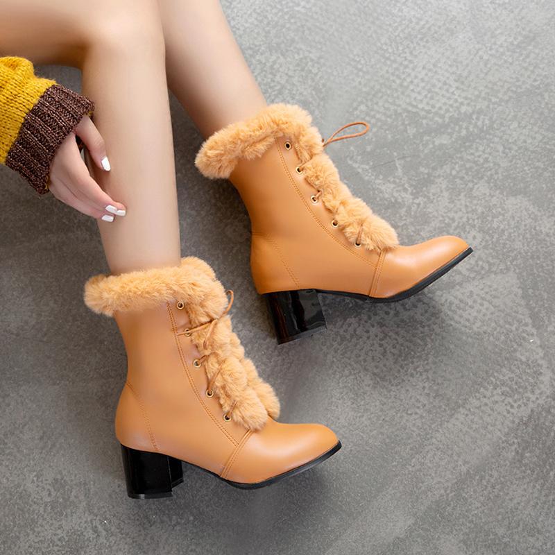 Мода 2025 Осень Зима Мех Женские Ботильоны Качество Однотонные На шнуровке Женская Обувь Мода Квадратный Высокий Каблук Лодочки Ботильоны Женские 33
