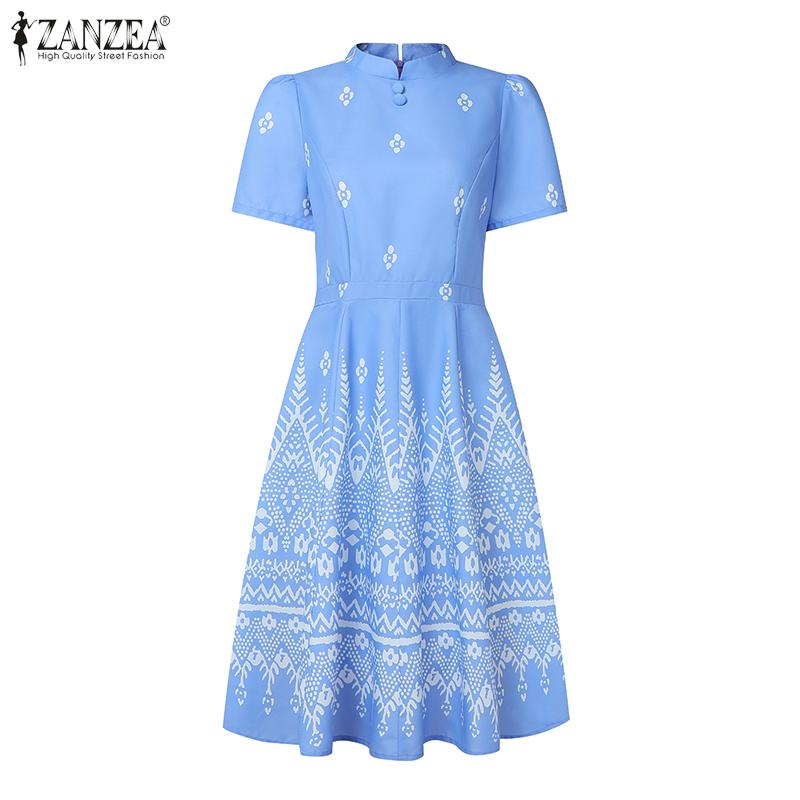 ZANZEA Women Summer Stand Collar Short Sleeve Casual Print Dress