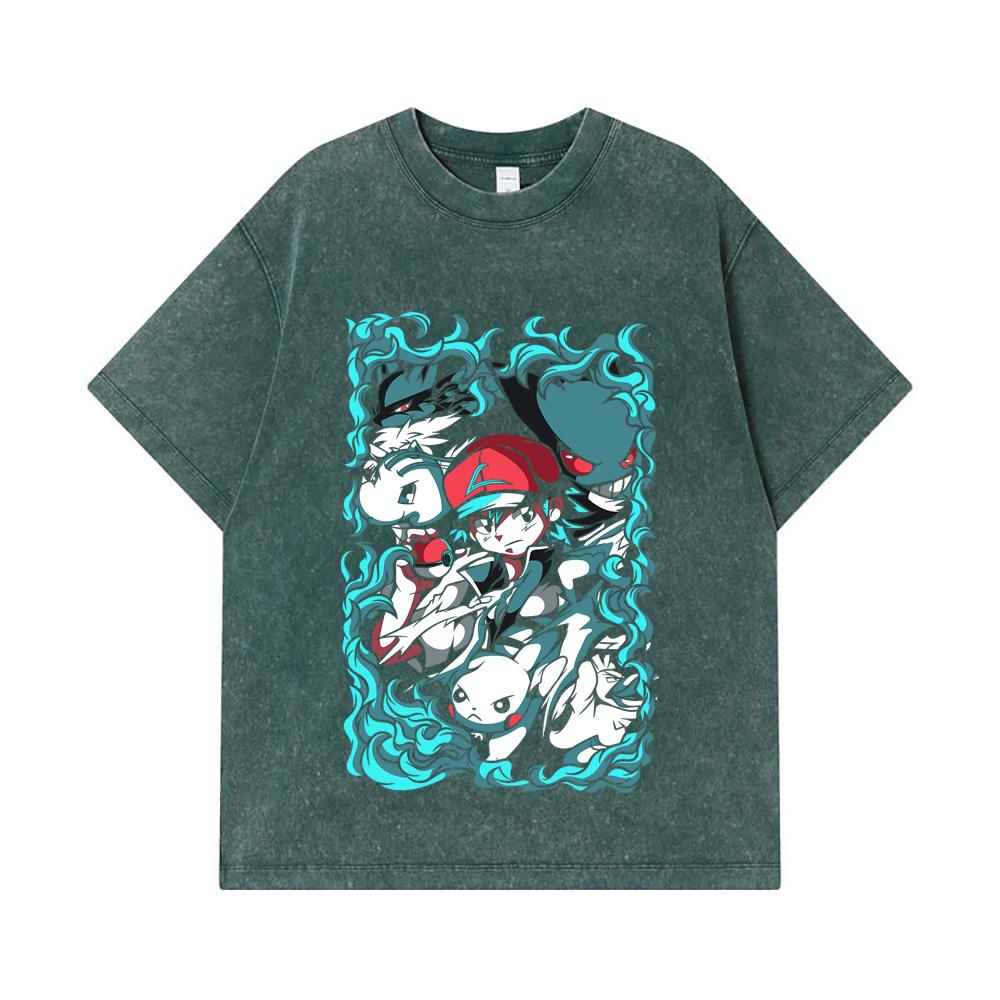 Стиранные футболки 275 г/м² 100% Хлопок Печать Pokemon V26 Унисекс Футболка из плотного хлопка