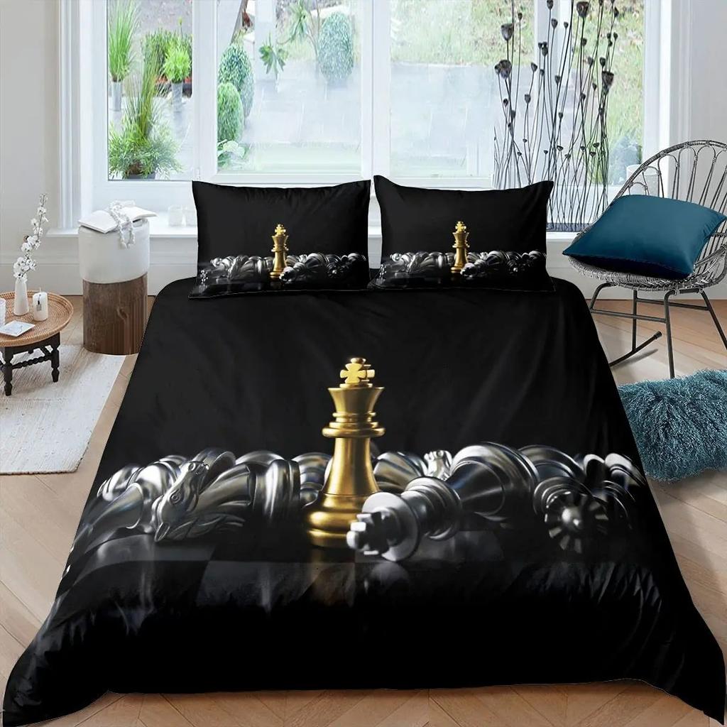 International Chess Duvet Cover Set Queen Size Chess Lovers Постельное белье для детей и взрослых Микрофибра Черная основа 23 шт Пододеяльник