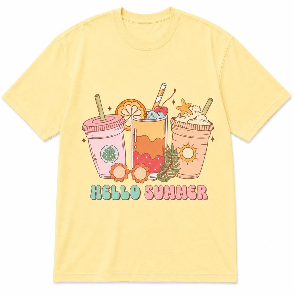 Hello Summer Drinks Graphic Tee, Retro Pastel Beach Vacation Shirt