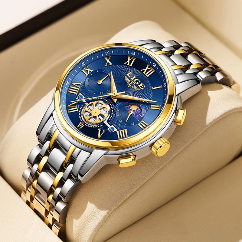 LIGE Лучший бренд, оригинальные мужские кварцевые часы, модные водонепроницаемые мужские часы для отдыха, все стальные ночные светящиеся часы