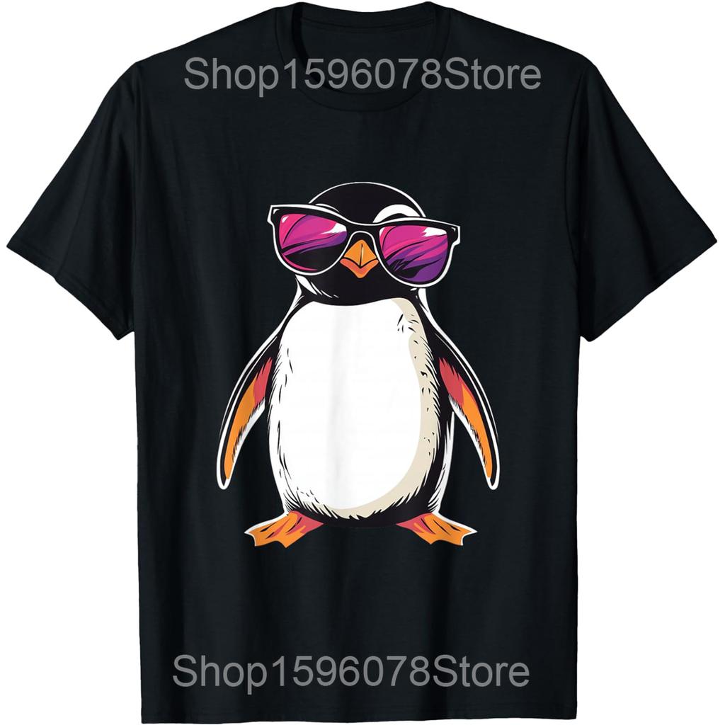 Three Penguin Moon Funny Birds Howling T Shirts Unisex Pure Cotton Humor Streetwear Tee Shirt Short Sleeve Unisex Loose Clothing