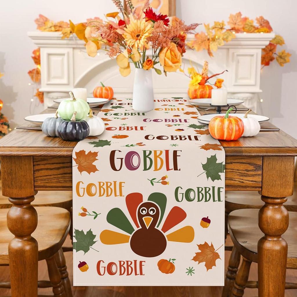 Bonhause Gobble Turkey Thanksgiving Table Runner 13x72 Inch Fall Autumn Maple Leaves Harvest Kitchen Dinning Table Decoration for Indoor Outdoor Home