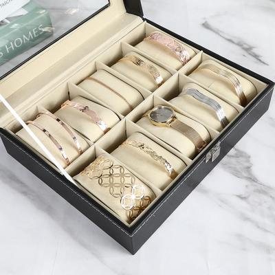 Прямоугольная минималистичная коробка для хранения часов и браслетов с 6 отделениями из ПУ кожи с окошком