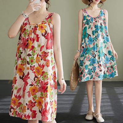 Настоящее лето новый хлопок и лен большой размер литературный свободный без рукавов круглый вырез принт сарафан А-силуэта женский