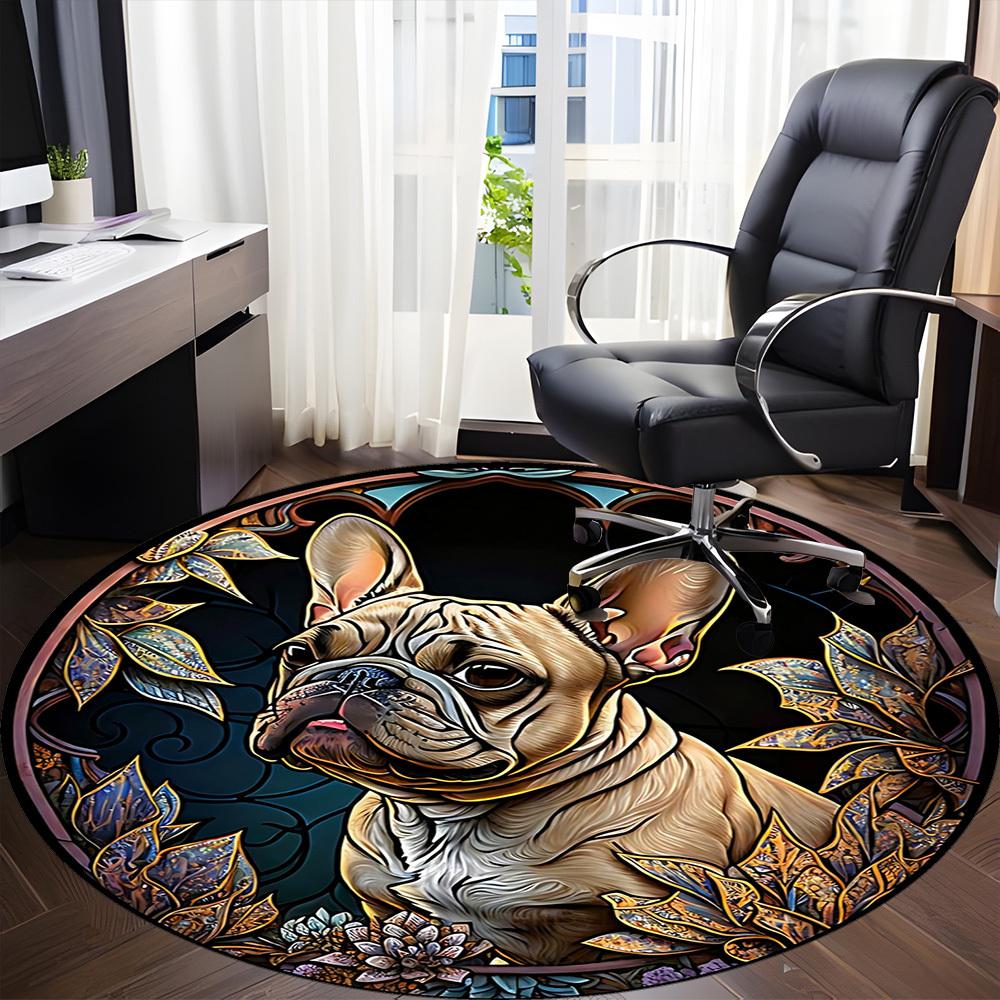 1PC Stained Glass Bulldog Office Round Area Rug,  Mat Suitable ForOffice, Under Office Chairs Bedroom Living Room Home Decor, Room Deco