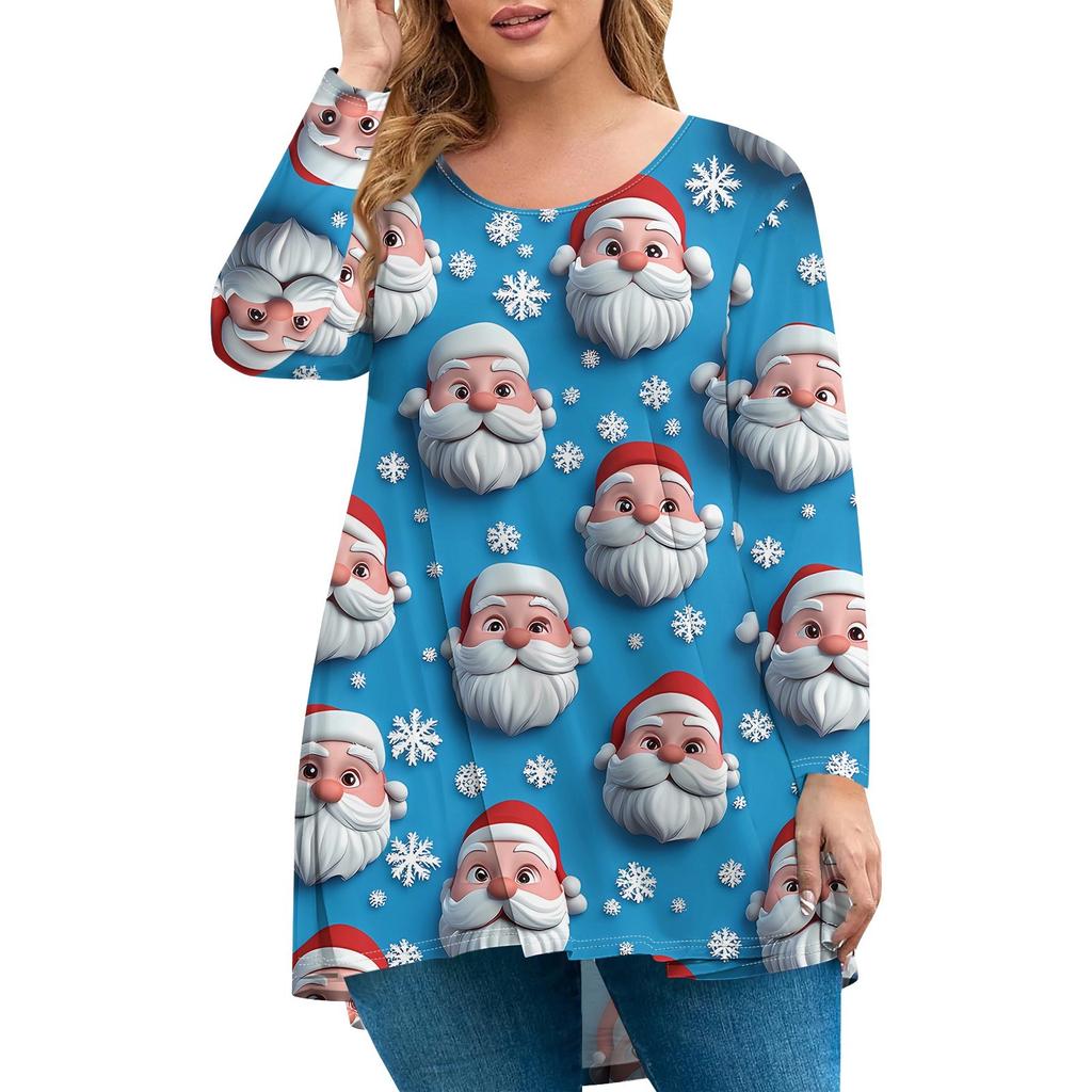 Женская мода большого размера с круглым вырезом и длинным рукавом, повседневный свободный пуловер с рождественским принтом