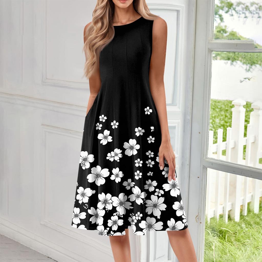 Женское повседневное и модное платье средней длины с круглым вырезом без рукавов и принтом