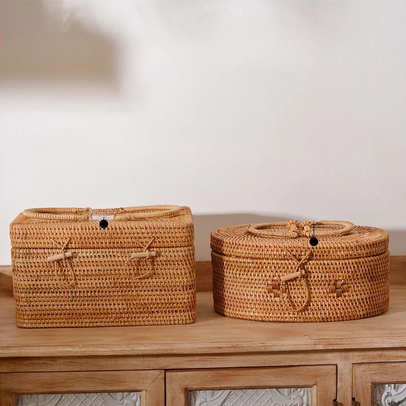 Handwoven Rattan Storage Box with Lid Tea Food Container Kongfu Tea Set Bread Fruit Basket with Lid Puer Tea Bag Organizer