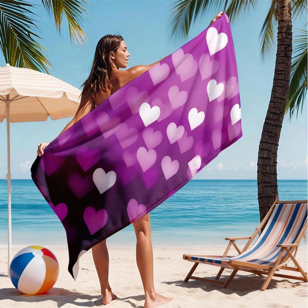 Romantic Purple Heart Microfiber Beach Towel 2D Flat Printed Waterproof Sandproof Travel Bath Towel For Seaside Holiday Sunbath