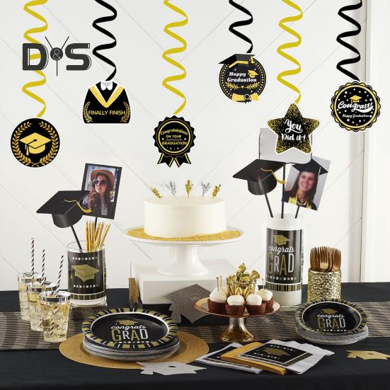 Выпускной сезон 2025 года, спиральные подвесные баннеры, подвески для тегов, черное золото, потолочная вечеринка, школьные украшения для выпускного, подарки на выпускной