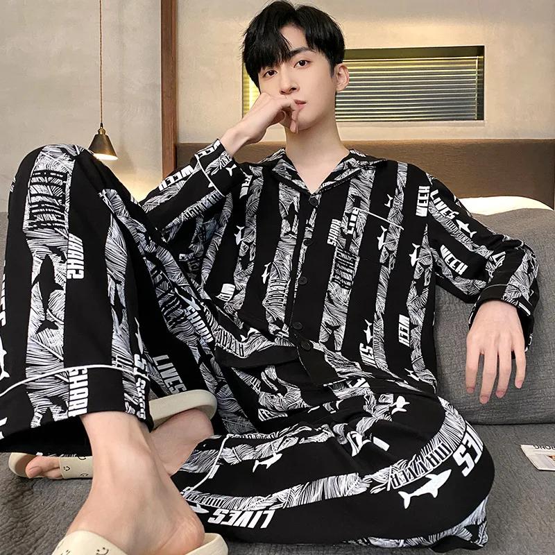 Хлопковая мужская пижама весна-осень с длинными рукавами ночная рубашка новый кардиган в клетку домашняя одежда для сна одежда для отдыха