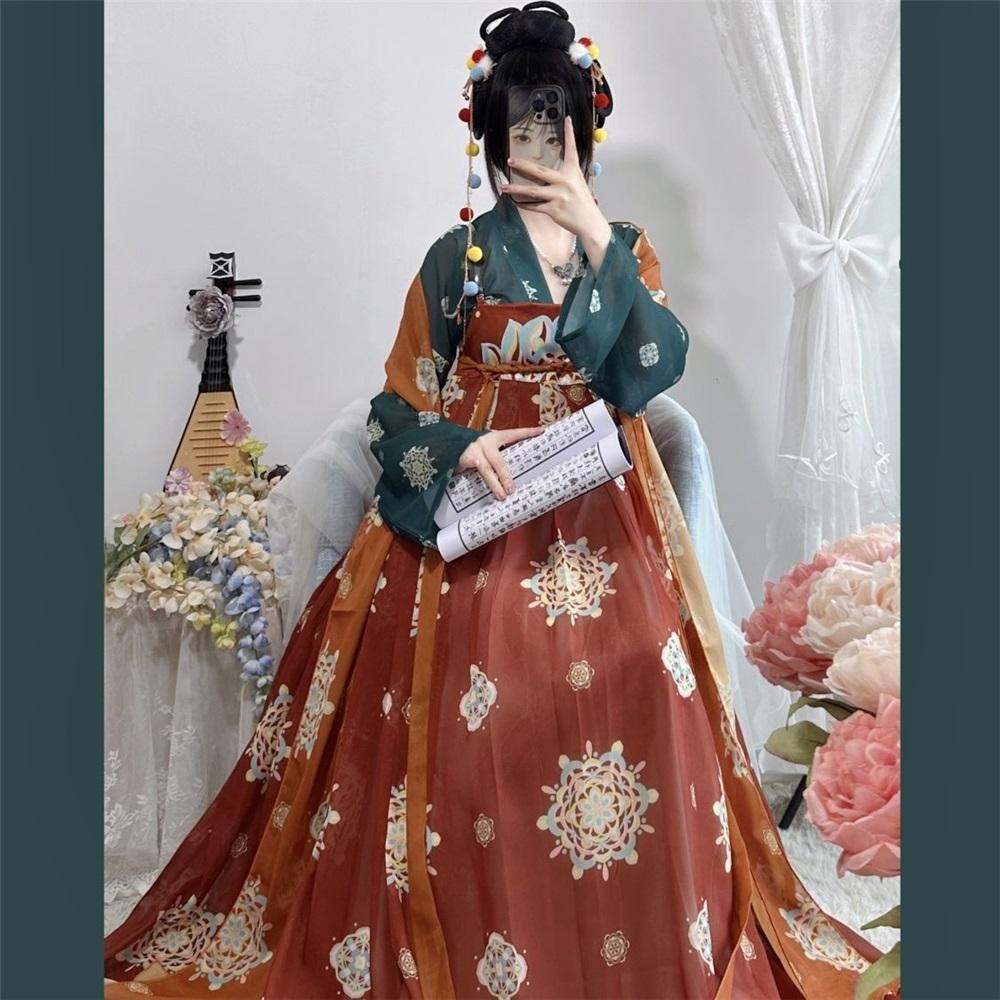 Chinese Tang Dynasty Style Print Restored Hanfu One-piece Chest-length Skirt Suit For Women
