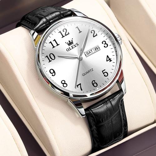 Мужские часы OLEVS, Простые и стильные, Водонепроницаемые, Аналоговые, Ремешок из черной кожи, Деловые часы, Легко читаемые, Отображение даты, Кварцевый механизм, Идеальные G