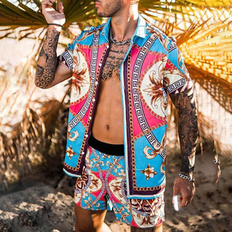 2022 Summer European & American Men's Casual Loose Short-sleeved Shirt & Shorts Beach Set
