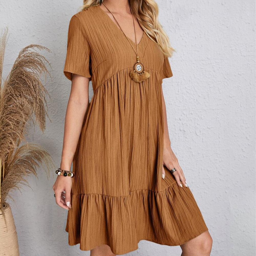 Summer Women Loose Cake Dress Short Sleeve V Neck