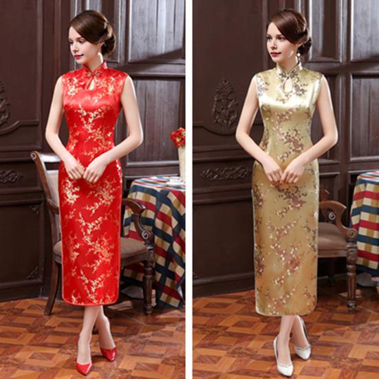 Women Summer Cheongsam Stand Collar Floral Print Hollow Out Split Hem Sleeveless Qipao Slim Fit Retro Chinese Style