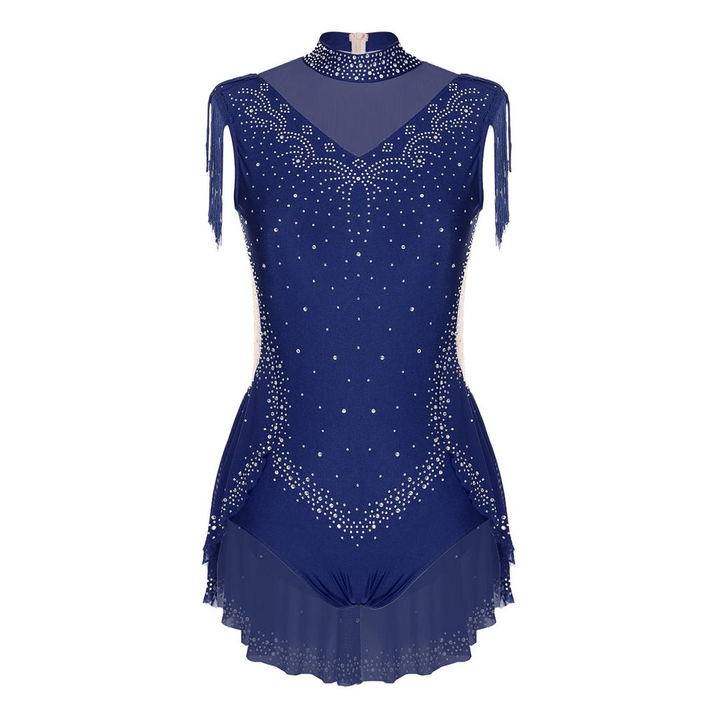 Womens Sparkly Rhinestones Dance Leotard Mock Neck Sleeveless Sheer Mesh Patchwork Tassel Skirted Bodysuit