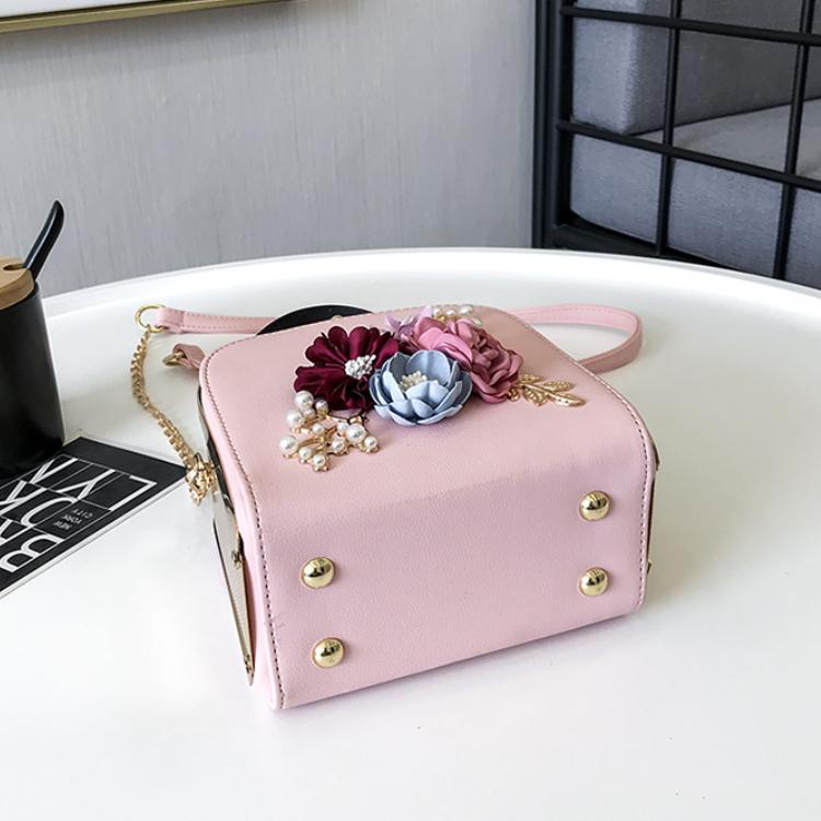 Women Fashion Casual Chain Box Bag Shoulder Bag Pearl Flower PU Leather