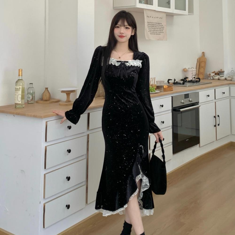 Женское весеннее винтажное вечернее платье, черные летние бархатные блестящие платья русалки, одежда в корейском стиле