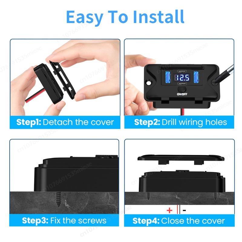 78W 4 Port 12V USB Outlet Wall Mount Dual 36W PD & Dual 18W QC3.0 Charger Socket Panel with Voltmeter,Switch and C To C Cable