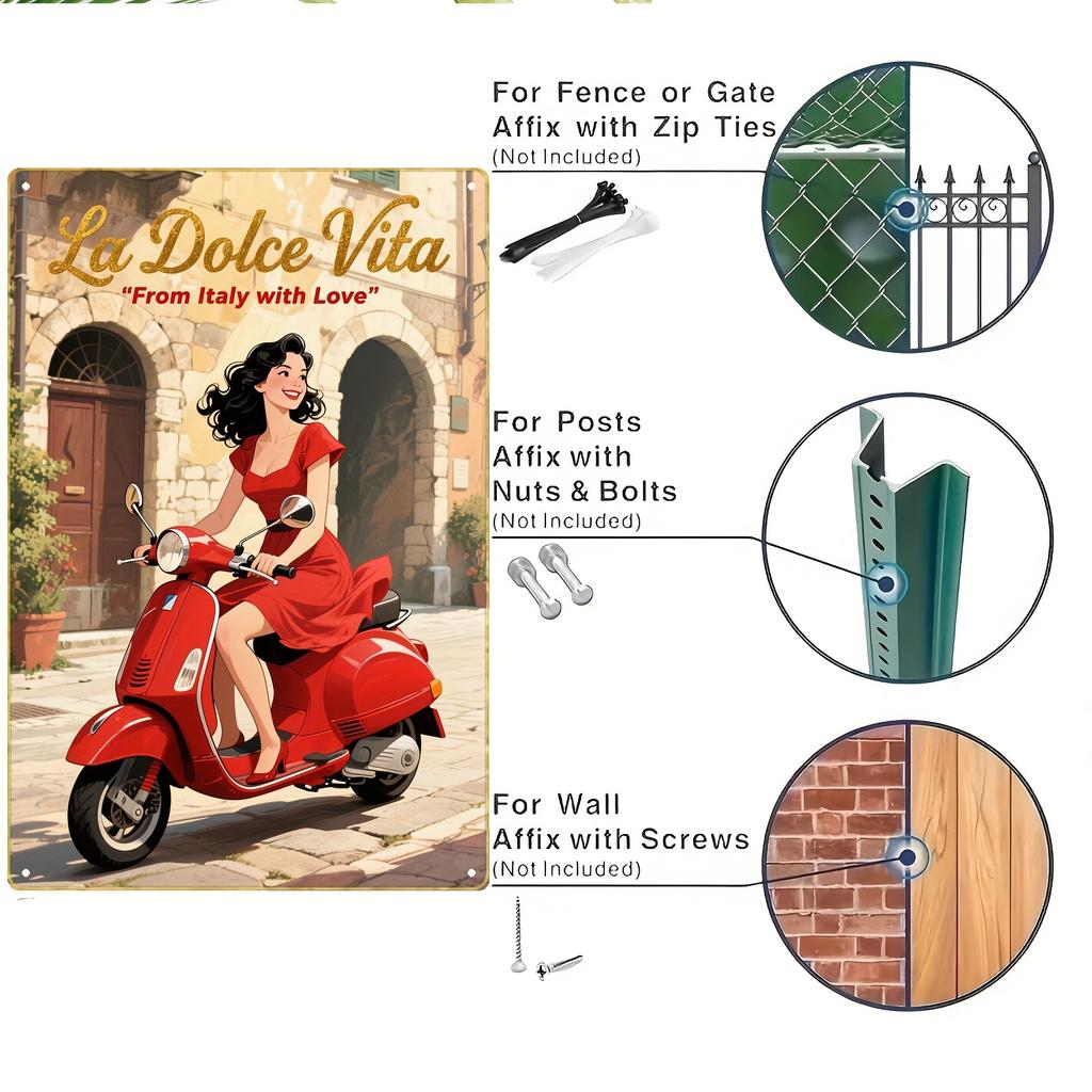 2D Плоский - Винтажная Металлическая Вывеска - La Dolce Vita | Поездка на Красном Скутере по Европейской Уличной Сцене | Железное Настенное Искусство 8x12 Дюймов с Cla