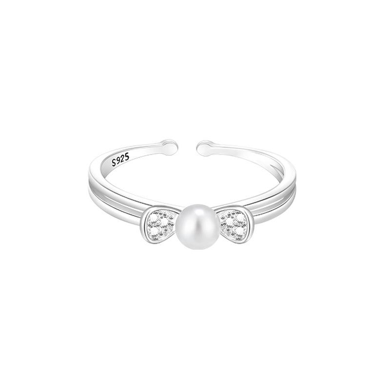 Pearl Bow Ring Literary Girl Simple Gift Double-Layer Small Broken Diamond Zircon Gold-Plated Ring Opening