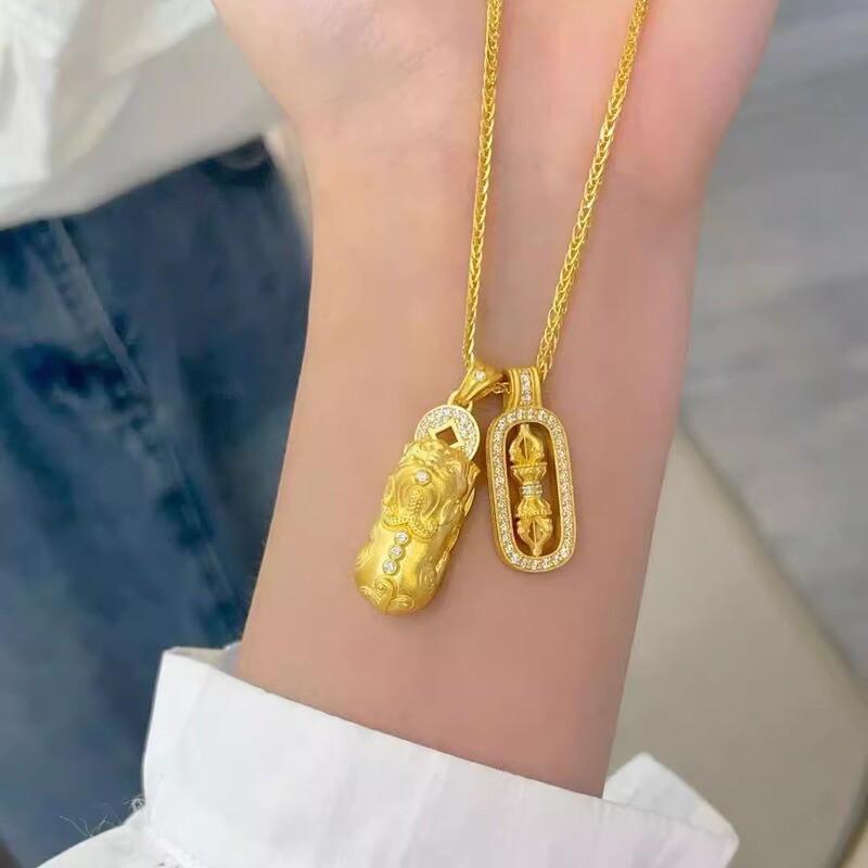 Copper Gold Plated Pendant Necklace With Pixiu Vajra Charm Rhinestone Accented Layered Choker Women