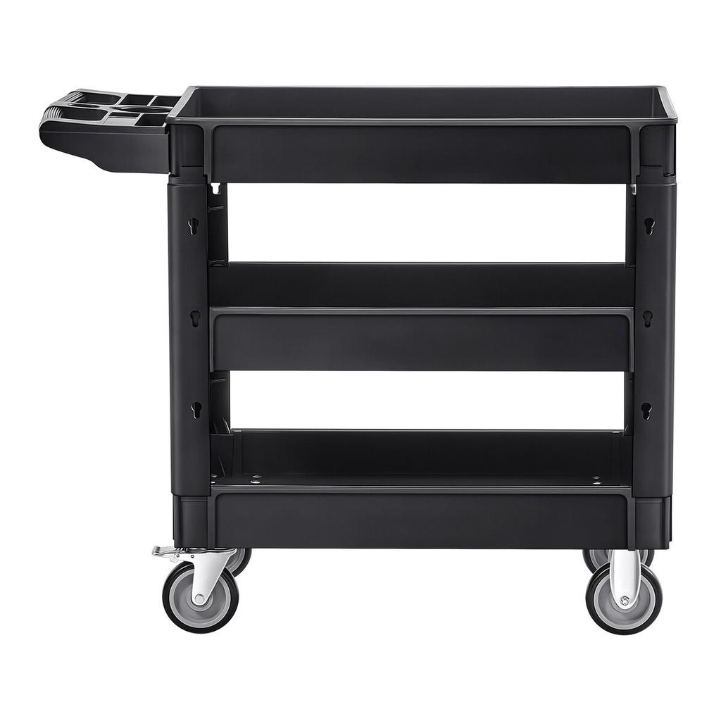 Utility Service Cart, 3 Shelf 550LBS Heavy Duty Plastic Rolling Utility Cart with 360° Swivel Wheels (2 with Brakes), Medium Lipped Shelf, Ergonomic